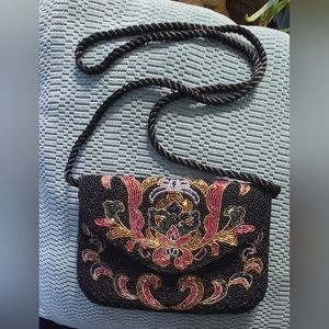 Vintage Lillian Vernon Black Evening Bag with 36" Strap, Iridescent Beadwork